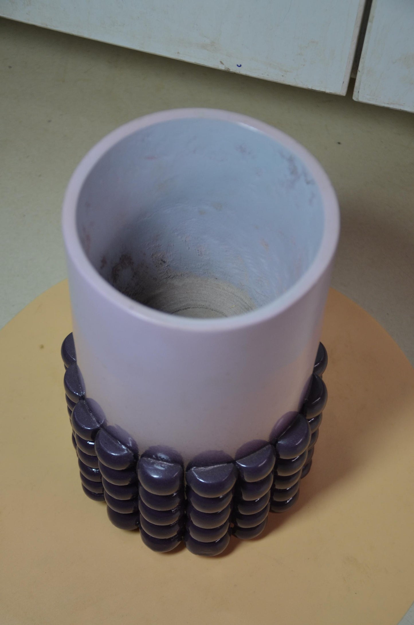 Beaded Wooden Cylinder Vase | Pink and Purple Bubble Texture Pillar Vessel