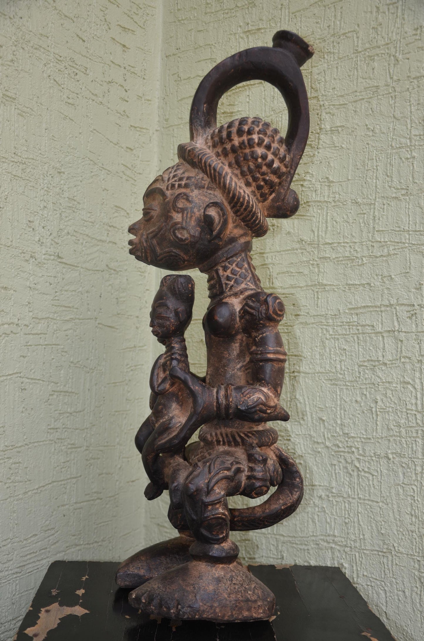 Lulua Maternity Figure â€“ 31" Hand-Carved Wood Congo Mother Twin Statue â€“ Art.