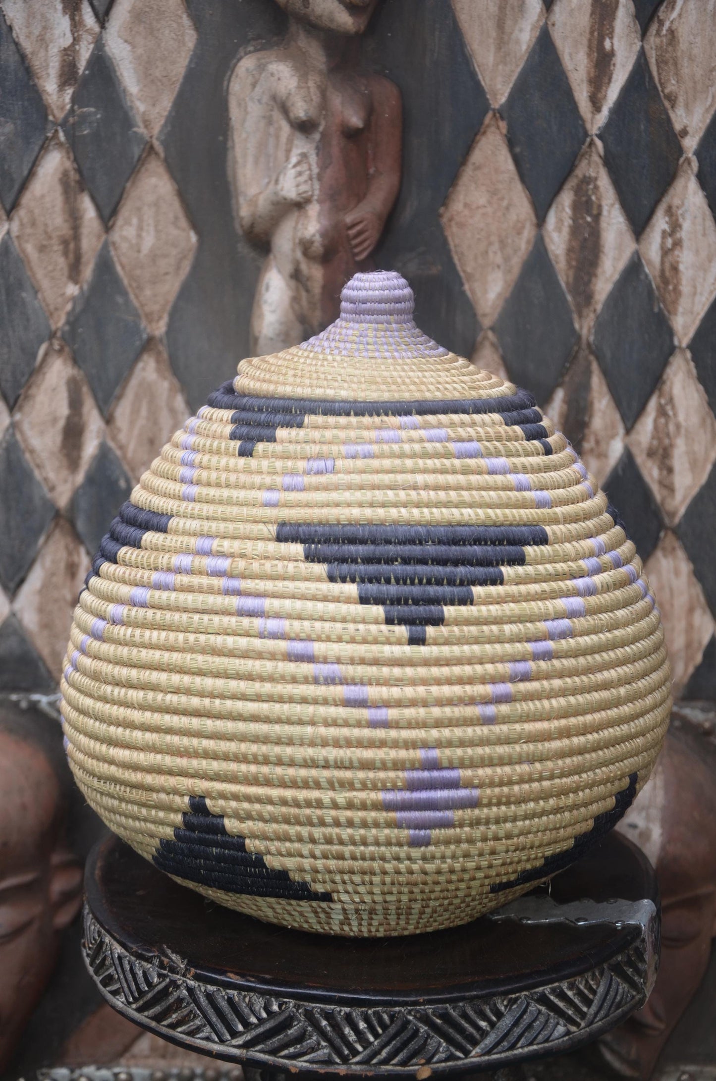 Rwandan Lidded Basket | Charcoal & Lavender Woven Storage | Artisan Home Decor