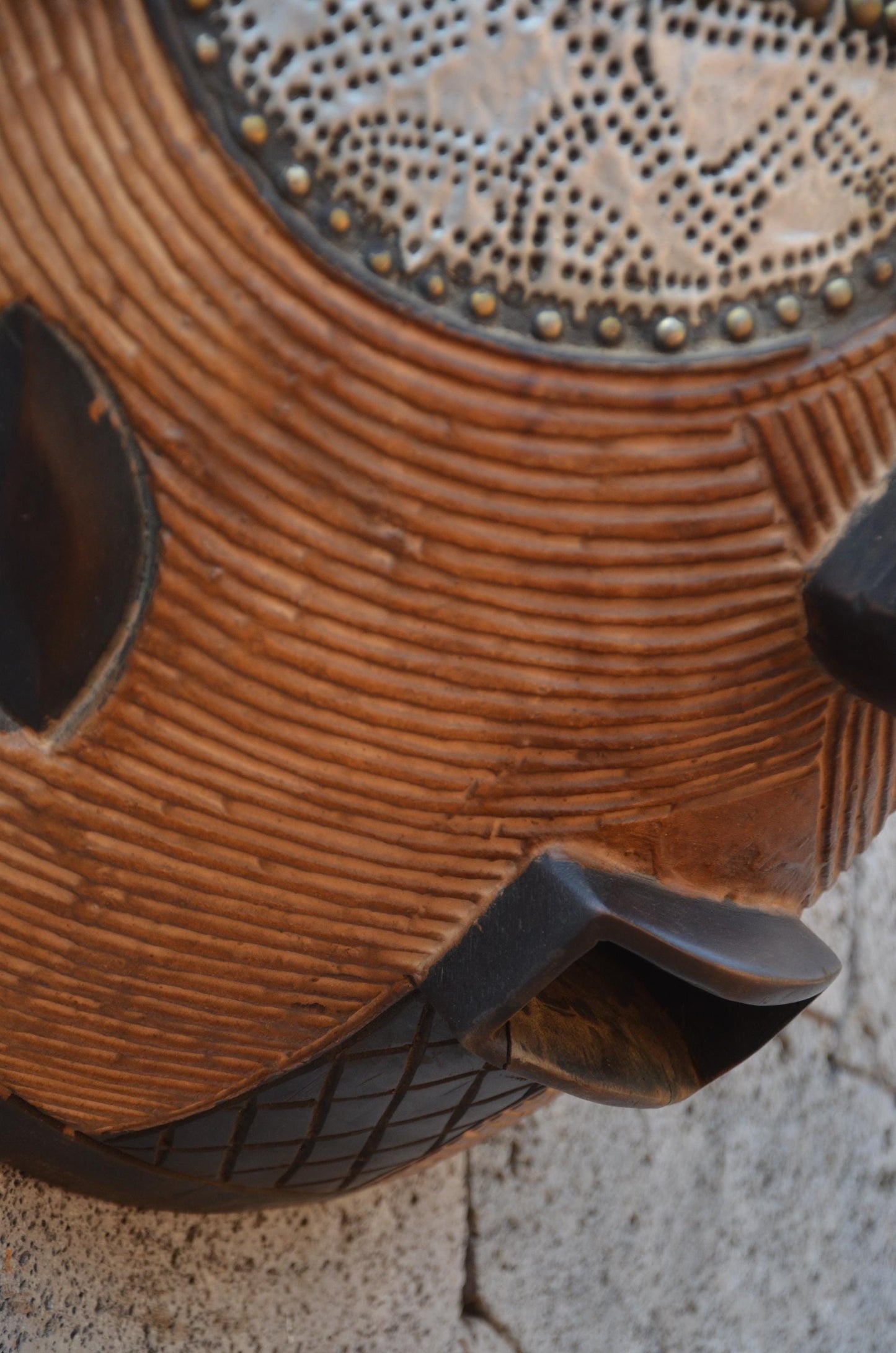 Luba Large African Mask – 33" Hand-Carved Wood & Brass Mask – Congo Wall Art.