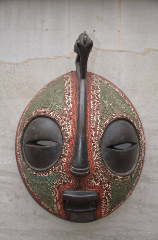Authentic Beaded Luba Kifwebe Mask - 20" Hand-Carved Wood Striated African Mask, Congo Tribal Art, Glass Bead Accents Luxury Statement Piece