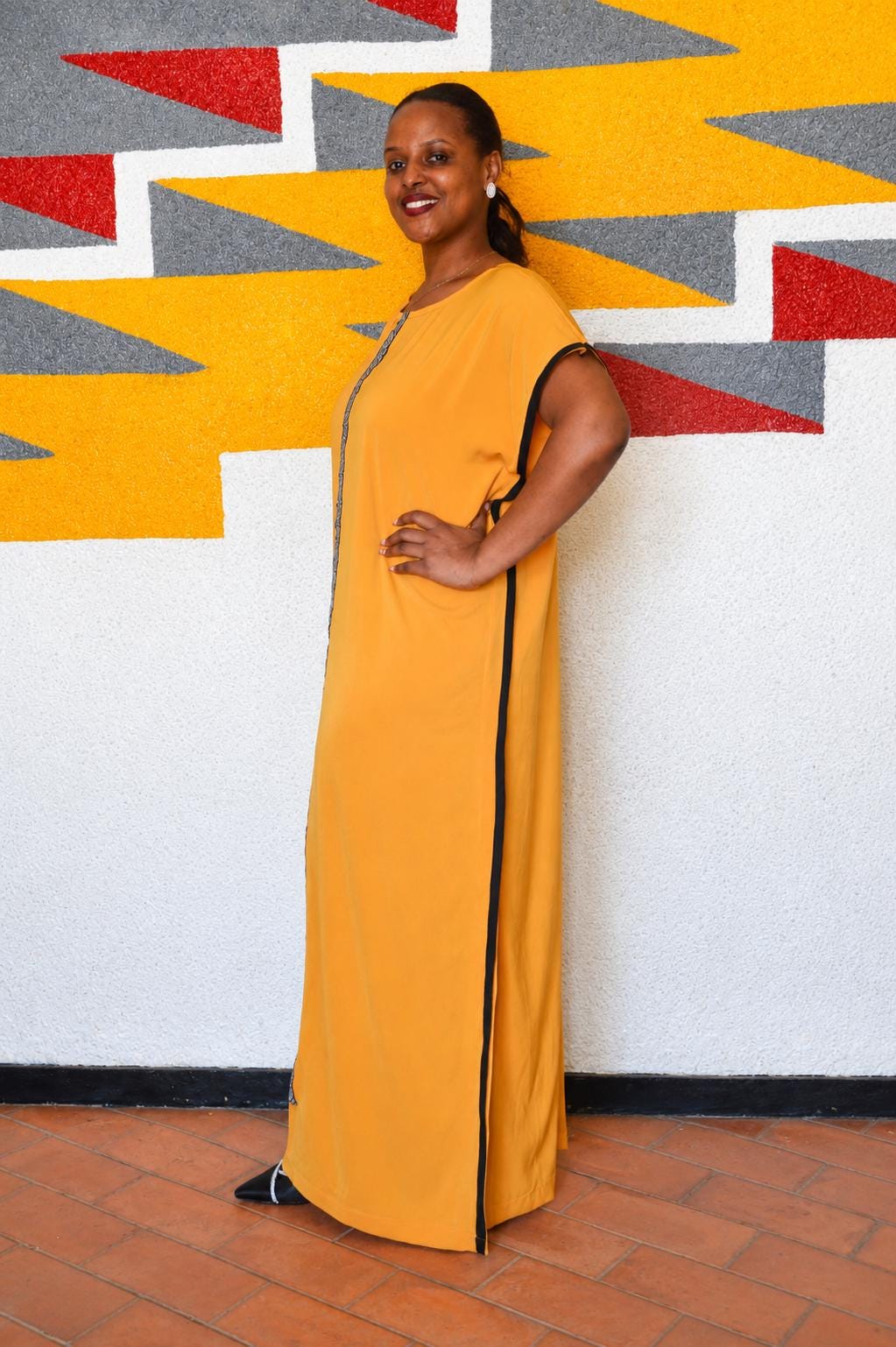Minimalist Mustard Yellow Boubou Gown | Plain Kaftan with Patterned Placket, Solid Maxi