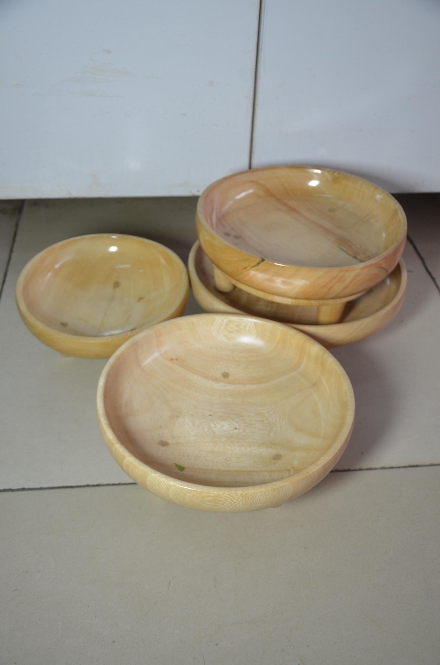 Set of 4 Footed Wooden Bowls | Natural Blonde Wood Decorative Fruit Dish Set