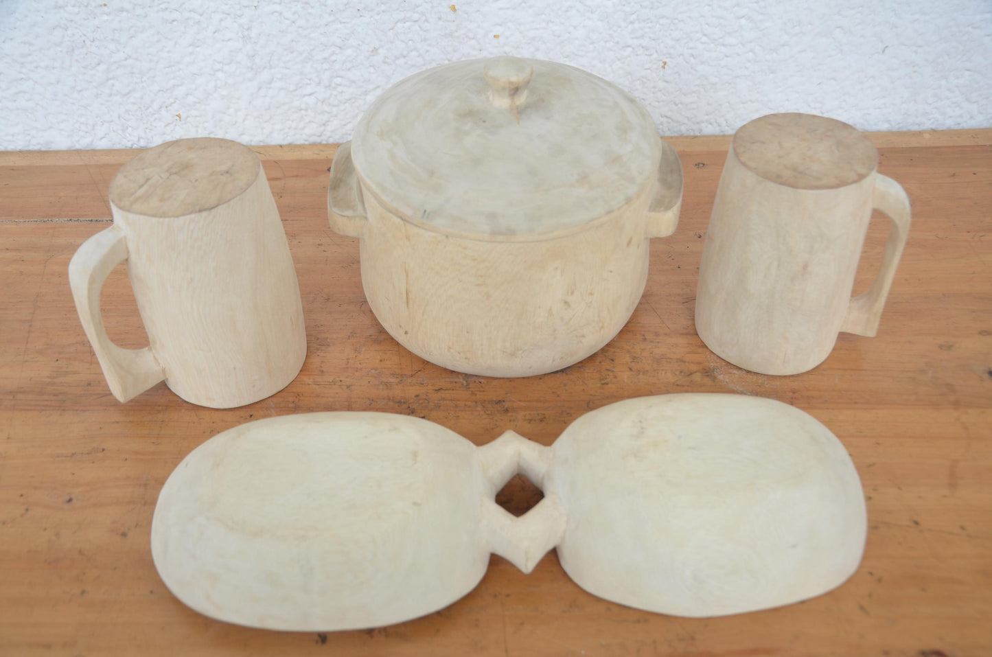 Hand-Carved Wooden Food Dish and Mug Set | Artisan African Kitchen Decor