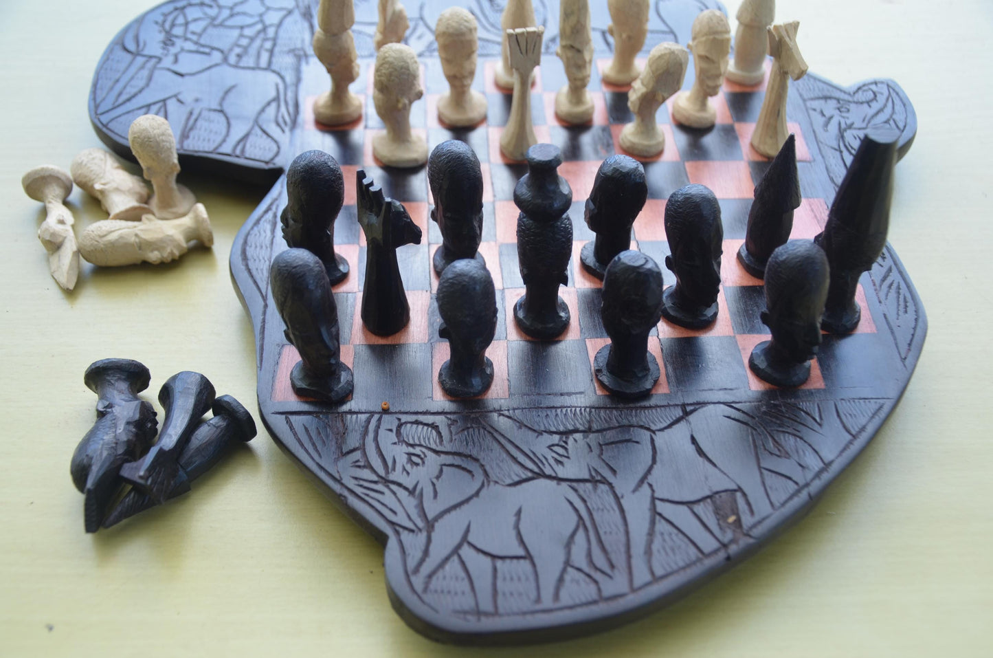 Makonde Animal-Themed Hand-Carved Wooden Chess Set | Tanzanian & Kenyan Artisan Game Board