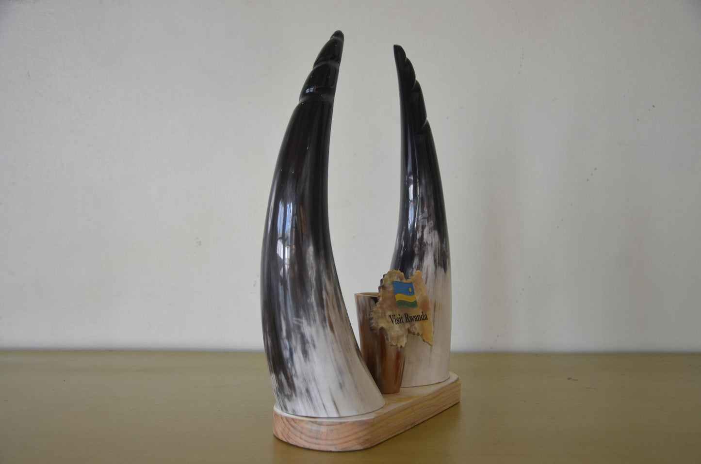 Handcrafted Rwandan Cow Horn Tabletop Sculpture | Authentic African Art Accent