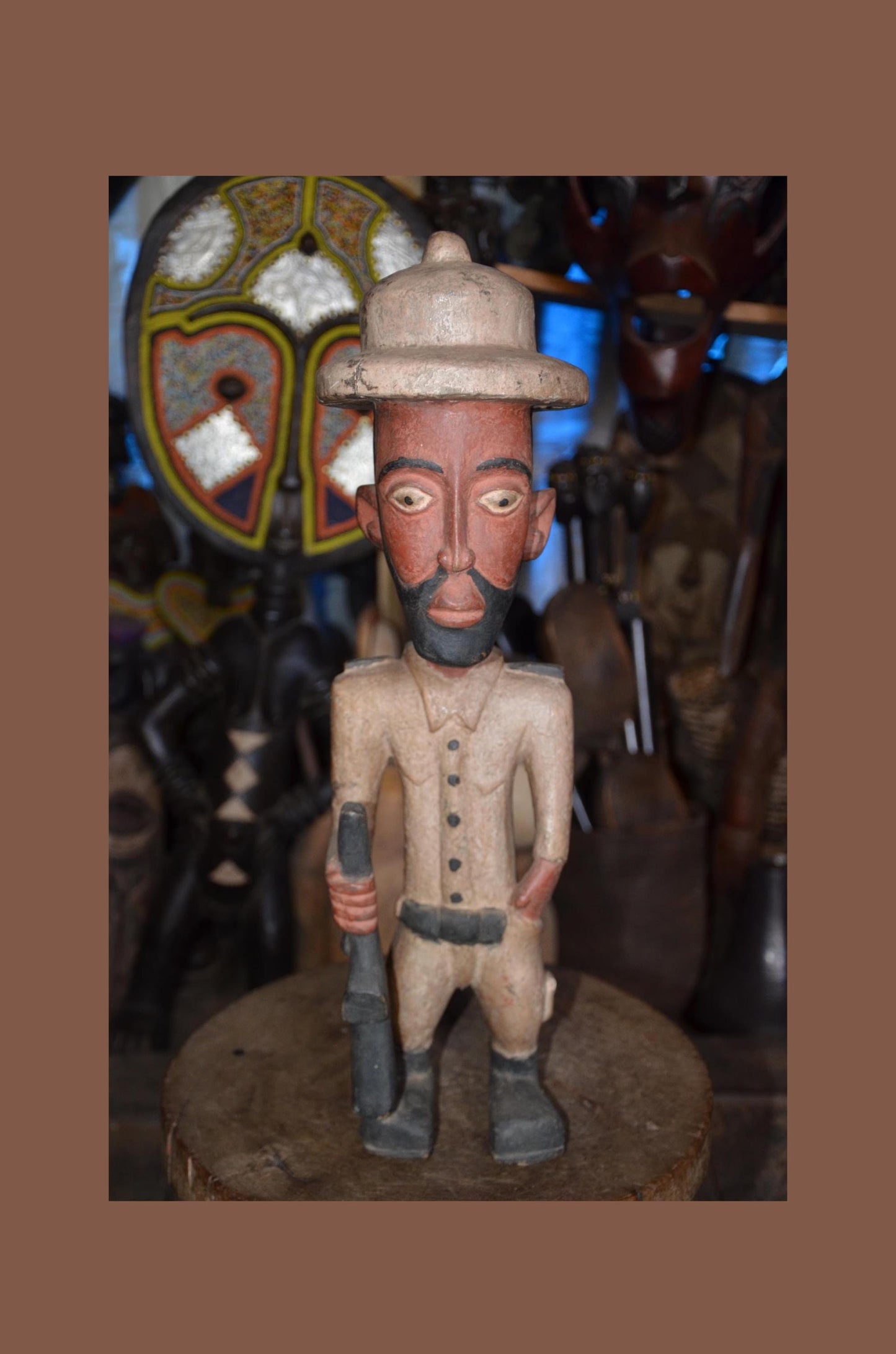 Large African Colon Statue - 28" Hand-Carved Wooden Colonial Soldier Figurine, Armed Guard / Hunter with Rifle.