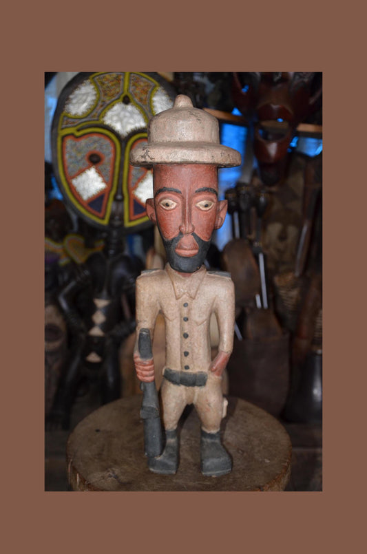 Large African Colon Statue - 28" Hand-Carved Wooden Colonial Soldier Figurine, Armed Guard / Hunter with Rifle.