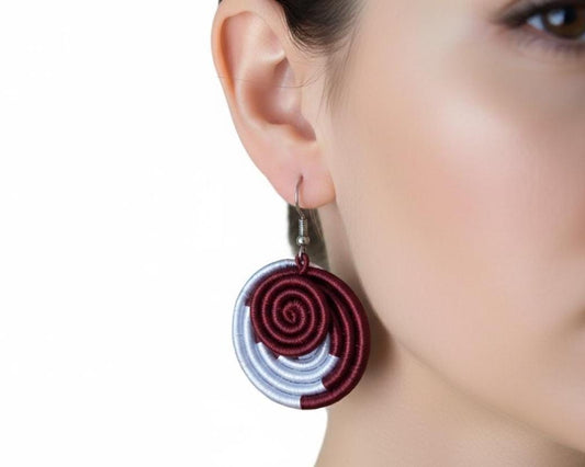 White and Burgundy Red Sisal Rwandan Earrings, Handmade Woven African Basketry Jewelry, Boho Fiber