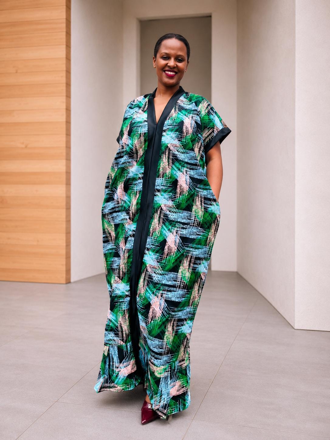 Open-Front Kampala Maxi Gown | Brushstroke Silk Kaftan, Satin-Placket Adire