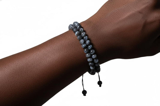 Dark Grey Rwandan Beaded Bracelet, Handmade Geometric African Boho Jewelry, Minimalist Charcoal Cuff