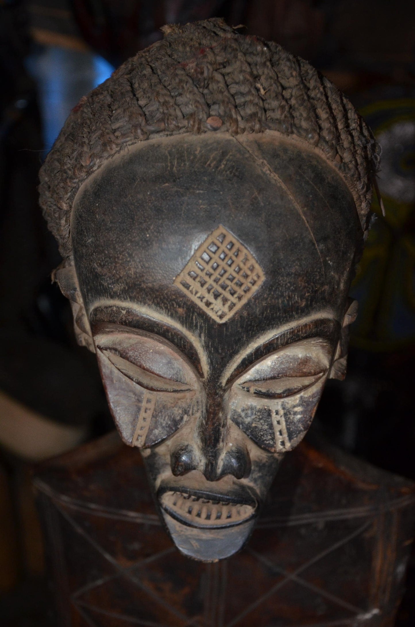 Authentic Chokwe Pwo Mask - 14" Hand-Carved Wood Female Ancestor Portrait Sculpture, Traditional Kaolin Infill.