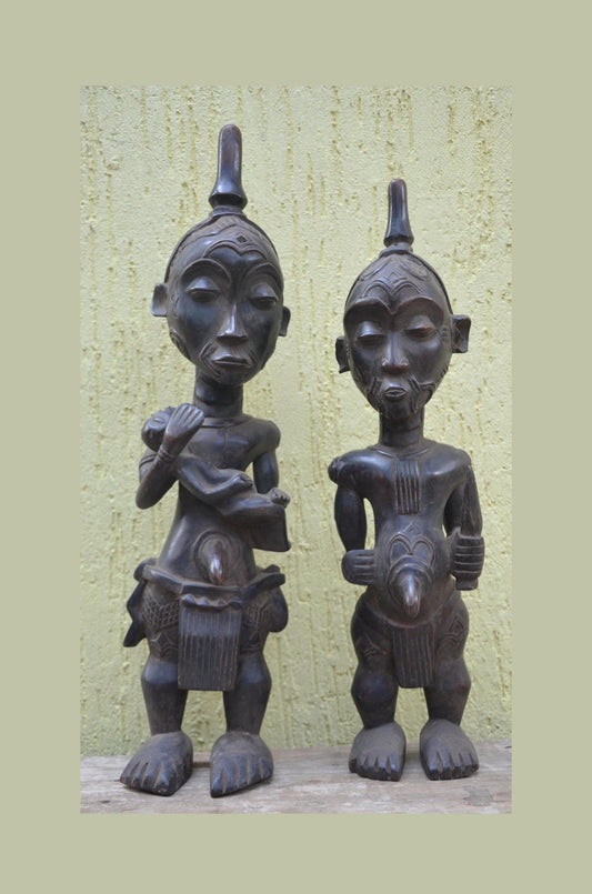Bena Lulua Couple Figures – 29" Hand-Carved Wood Congo Statues – Tribal Art.