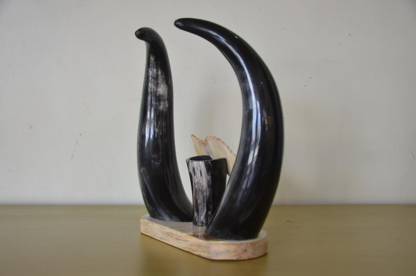 Handcrafted Rwandan Cow Horn Tabletop Sculpture | Authentic African Art Accent