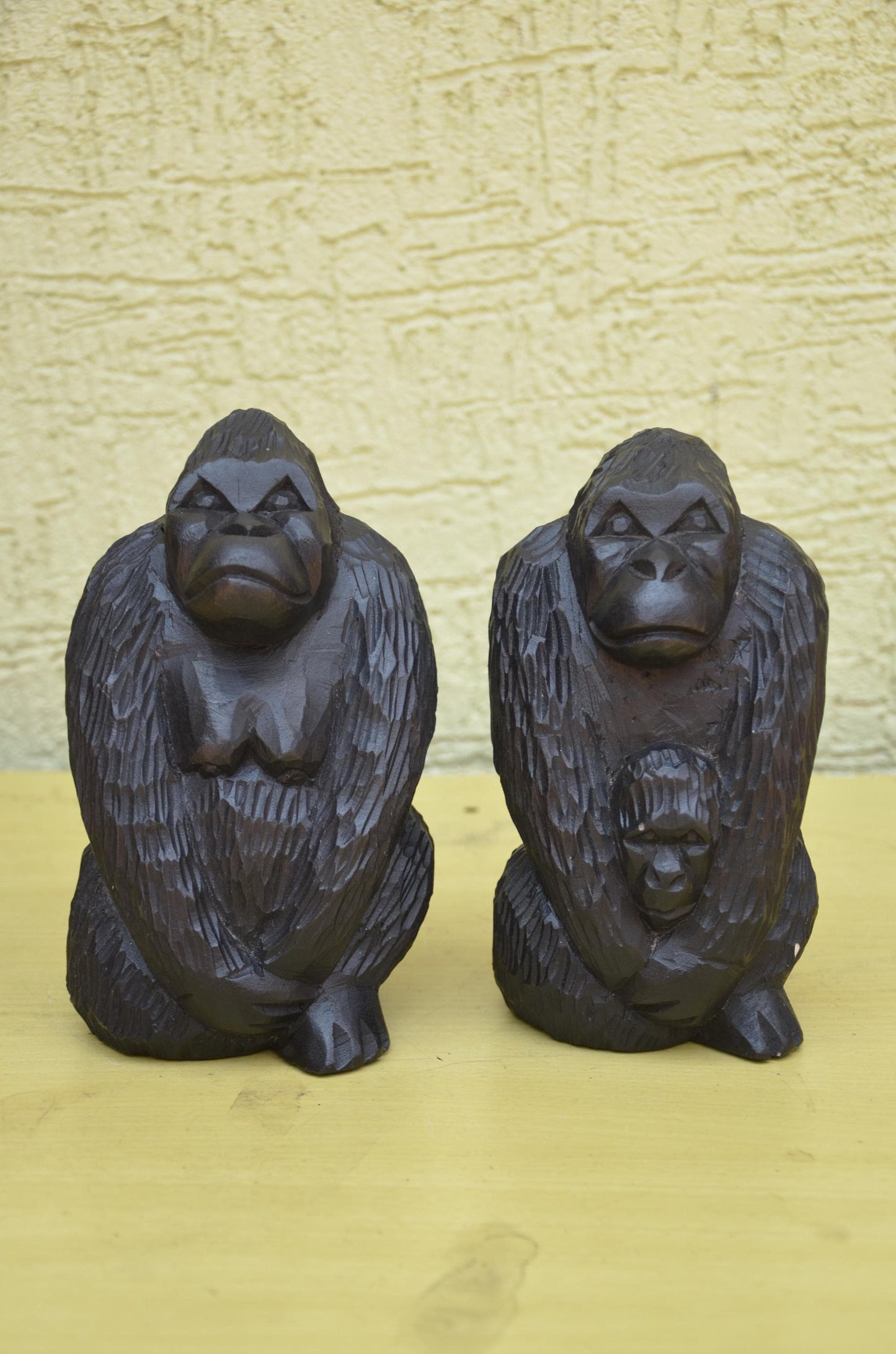 Hand Carved Wooden Gorilla Family Sculpture | Wildlife Art