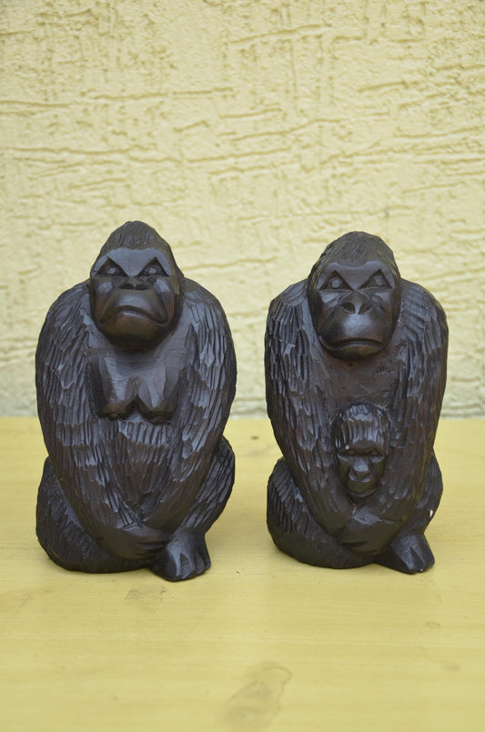 Hand Carved Wooden Gorilla Family Sculpture | Wildlife Art