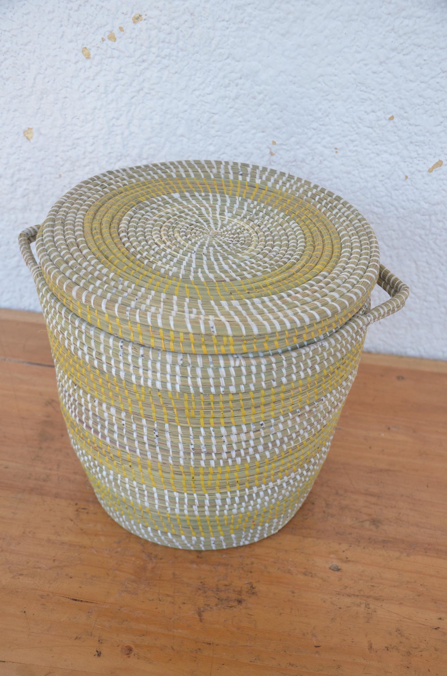 Handwoven Senegalese Coil Basket with Lid | Yellow and White Boho Storage Bin