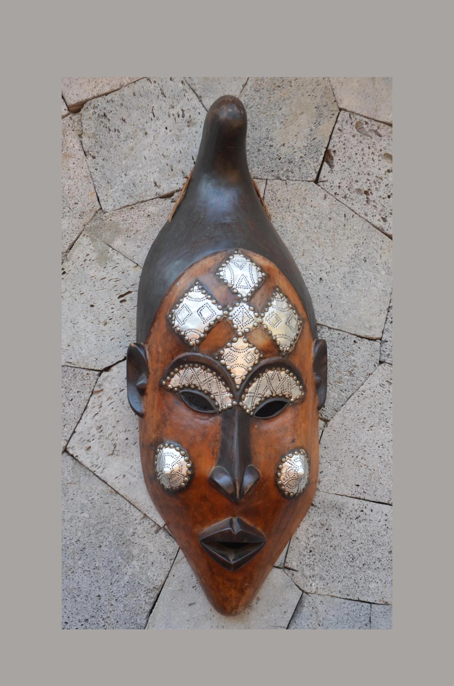 Marka African Mask – 35" Large Hand-Carved Wood & Brass Mask – Mali Wall Art.