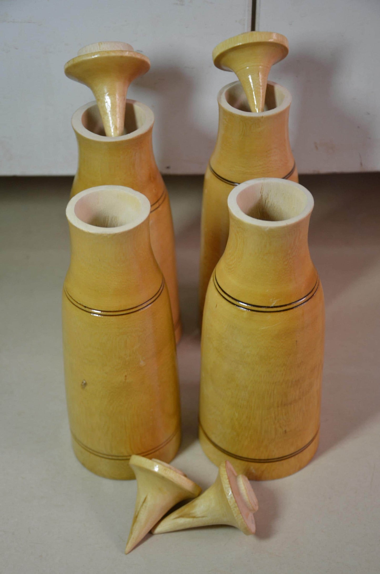 Blonde Wood Finial Bottles Set | Pointed Lid Canister Collection