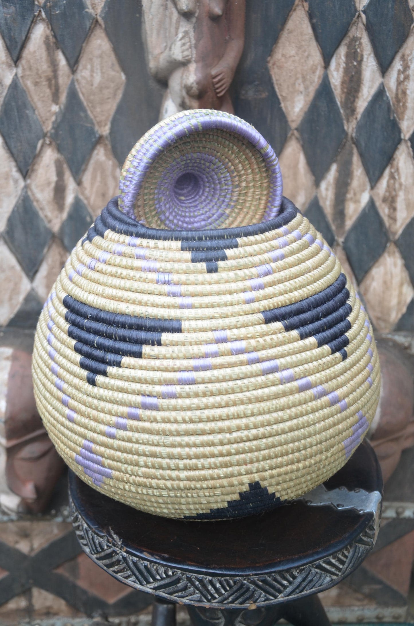 Rwandan Lidded Basket | Charcoal & Lavender Woven Storage | Artisan Home Decor
