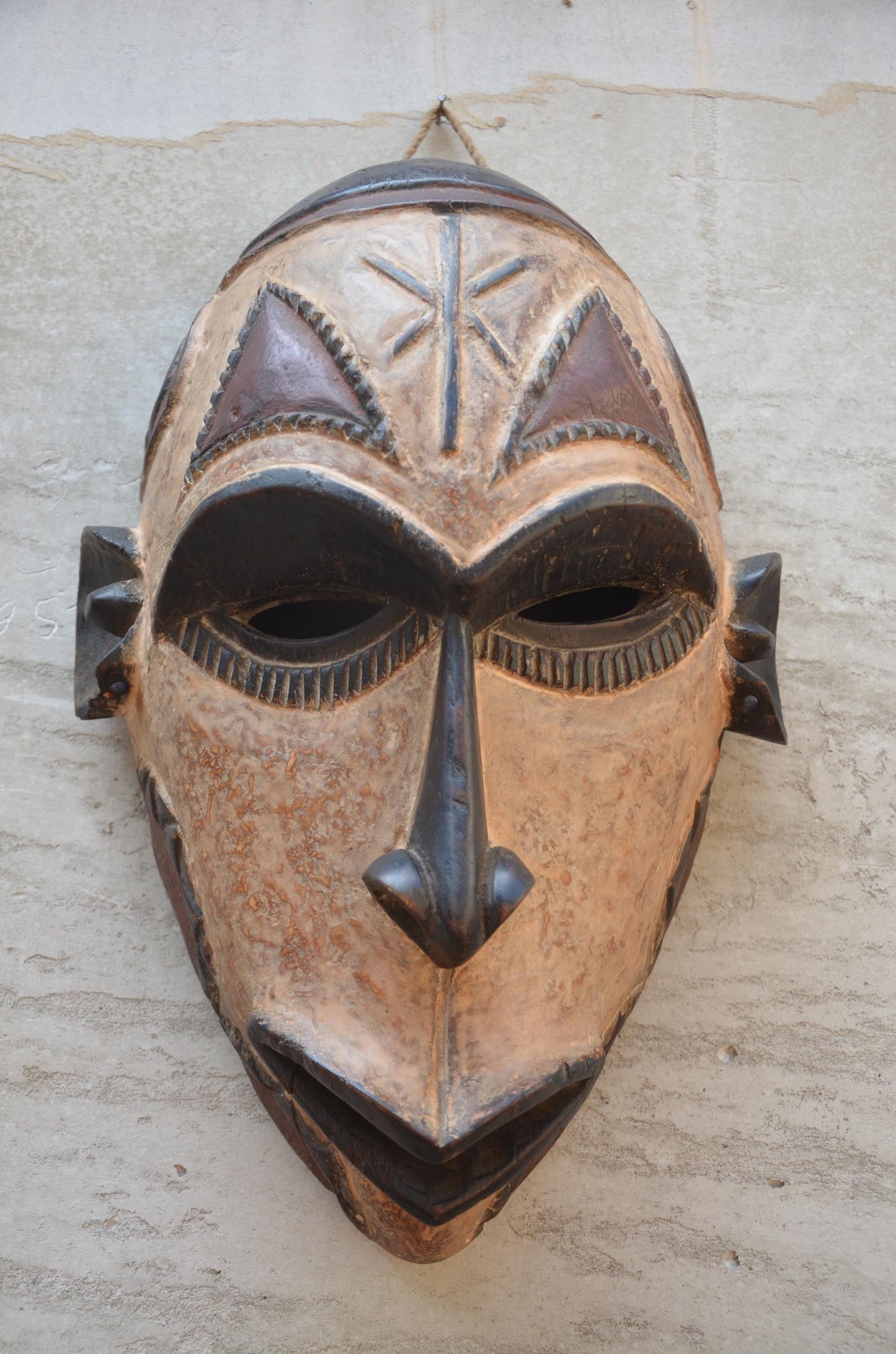 Yaka Mask with Chokwe Influence - 12" Authentic Congo Wood Carving, Polychrome Geometric Face Mask, High-End African Tribal Wall Sculpture.