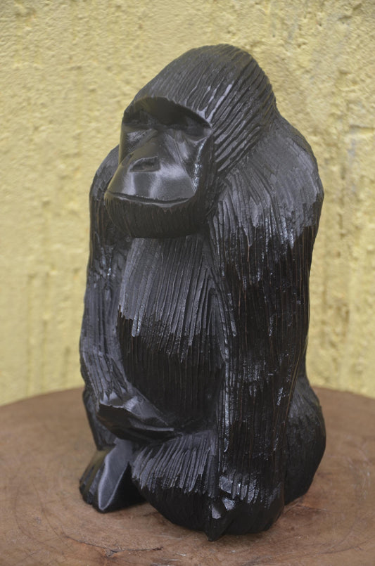 Hand-Carved African Wooden Gorilla with Baby Sculpture