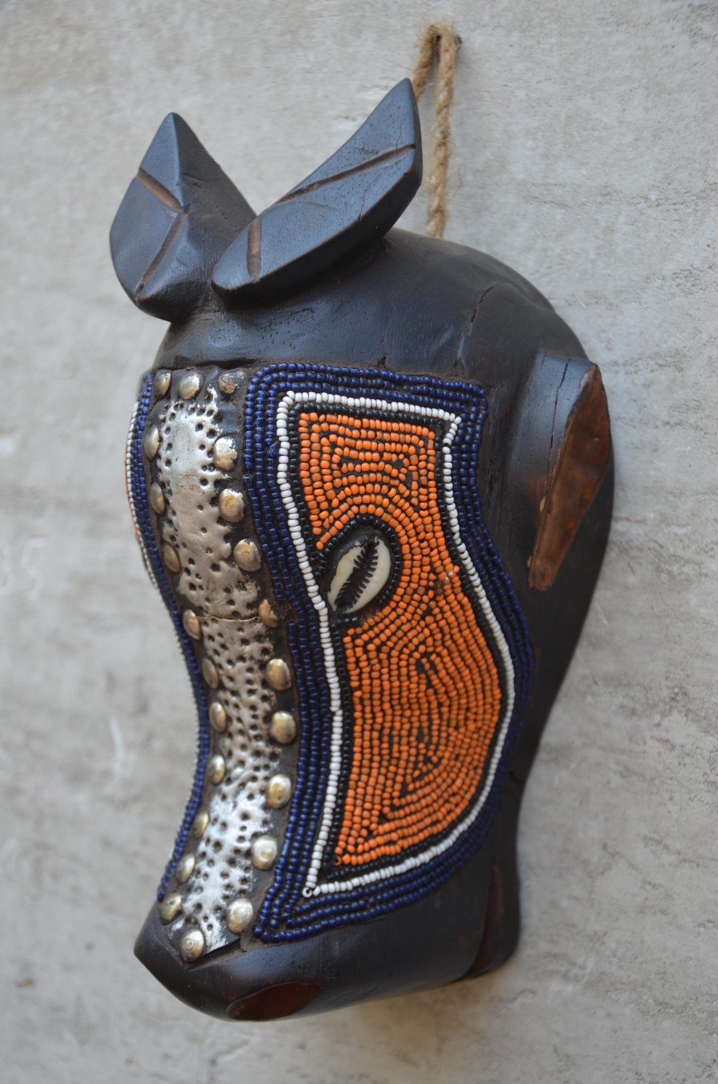 Bamum Beaded Animal Mask – 11" Cameroon Buffalo Wall Art – Tribal Home Decor