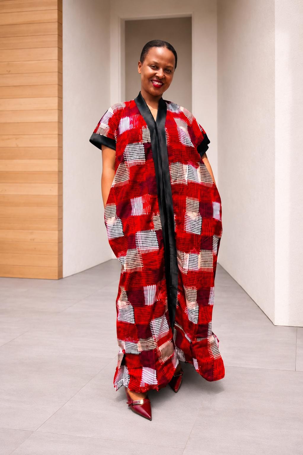 Open-Front Plaid Kampala Gown | Red Geometric Silk Kaftan, Satin-Placket Adire
