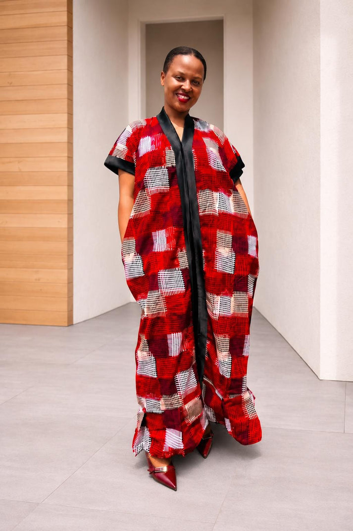 Open-Front Plaid Kampala Gown | Red Geometric Silk Kaftan, Satin-Placket Adire