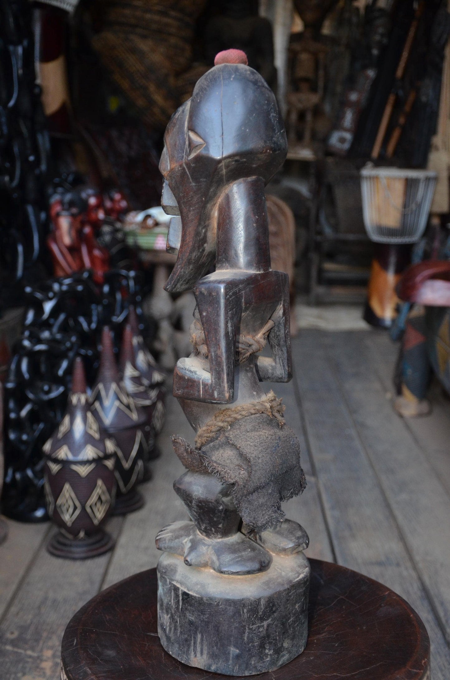 Authentic Songye Power Figure - 21" Hand-Carved Wood Nkishi Statue, Traditional Metal Tacks & Medicine Cavity.
