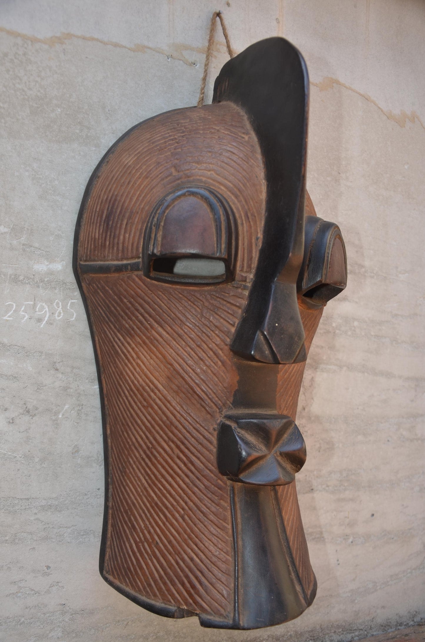 Authentic Songye Kifwebe Mask - 21" Striated Congo Helmet Mask, Striking Raised Sagittal Crest, High-End African Tribal Wall Sculpture.