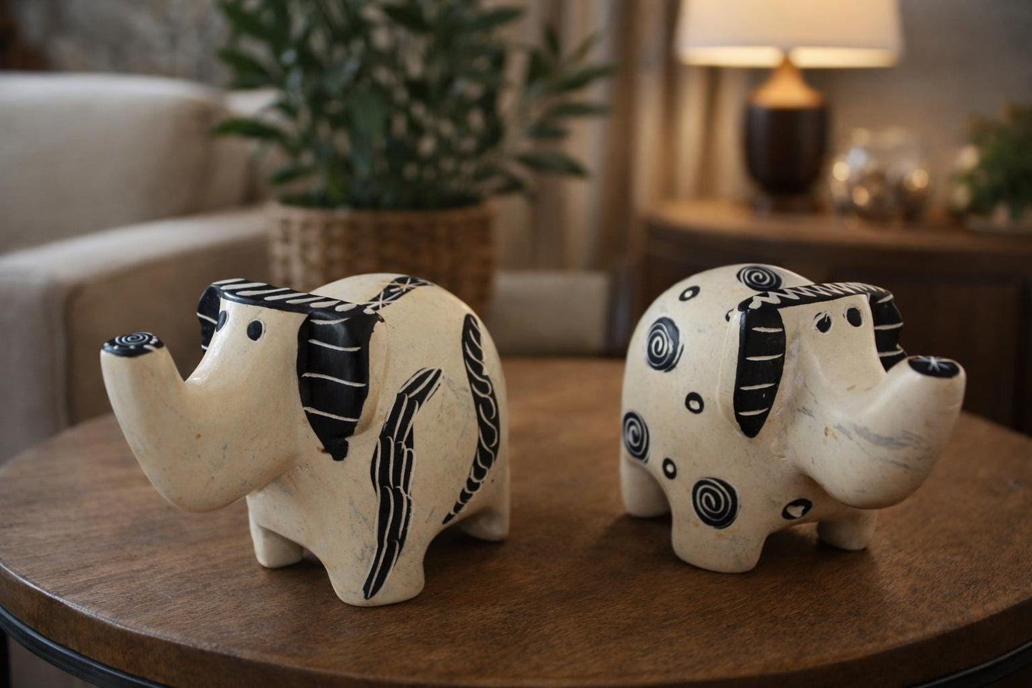 Set of 2 Soapstone Elephant Figurines Hand Carved Kenyan Animal Statue Cream Black Modern Boho Shelf Decor Elephant Lover Gift Art