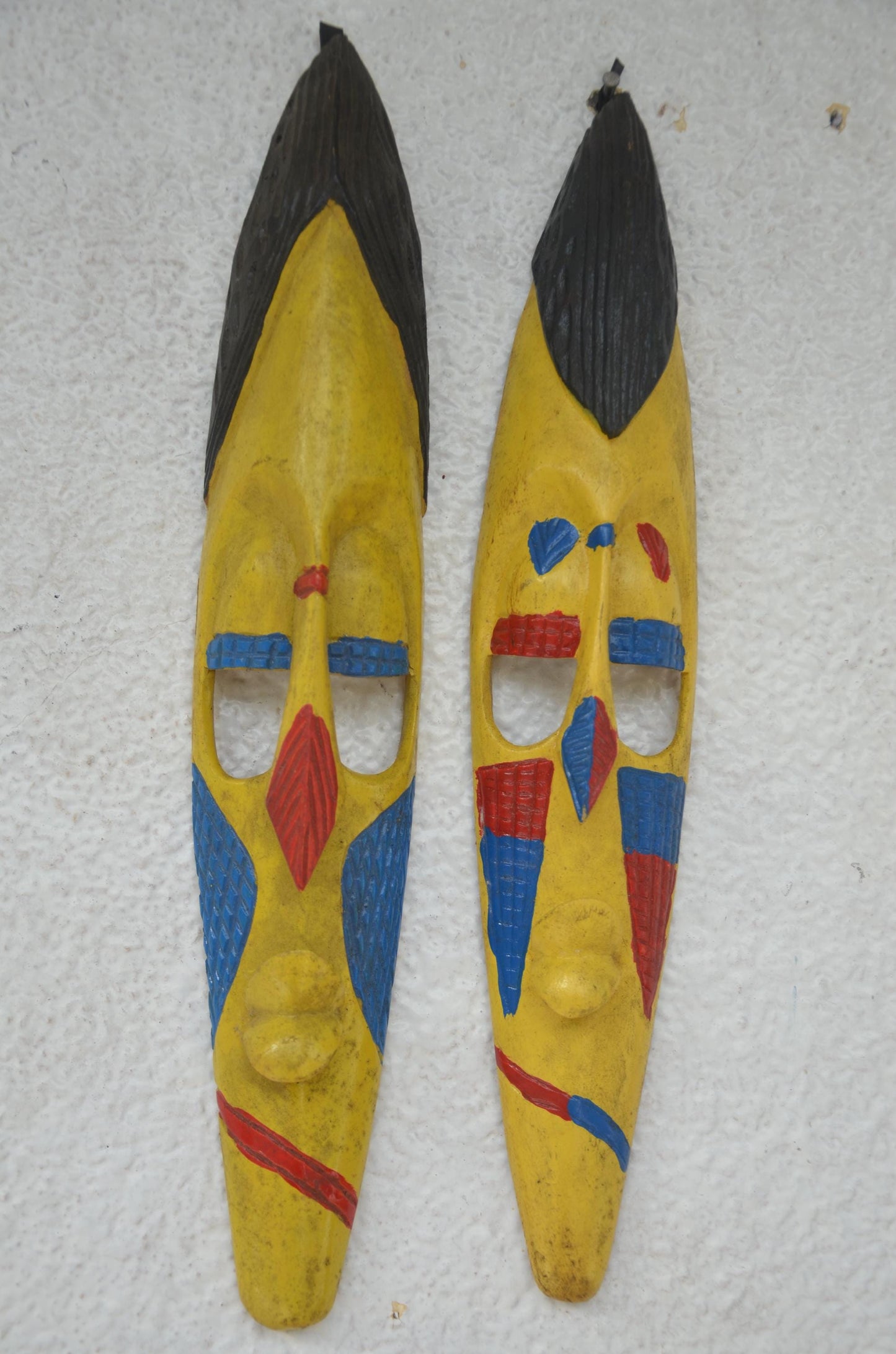 Hand-Carved Nyiginya Kingdom Sunshine Yellow Wooden Facemask Couple | African Tribal Wall Art Decor