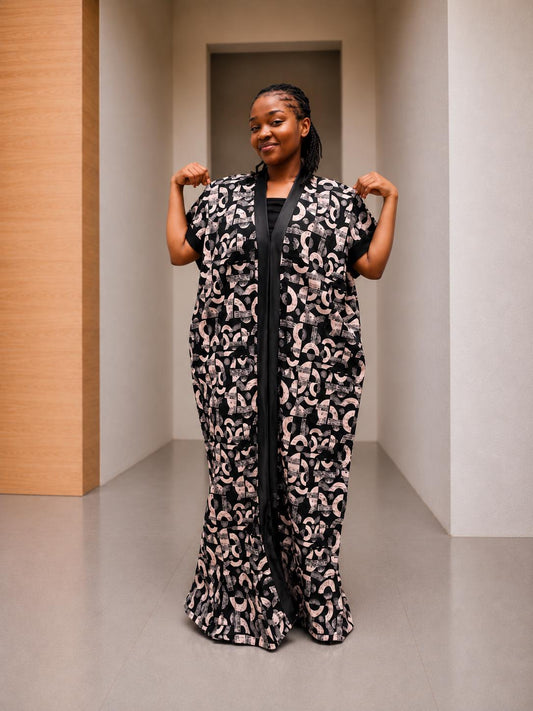 Open-Front Ankara Kaftan | Silk-Trimmed Boubou Gown, Monochromatic Bubu
