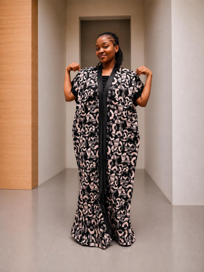 Open-Front Ankara Kaftan | Silk-Trimmed Boubou Gown, Monochromatic Bubu