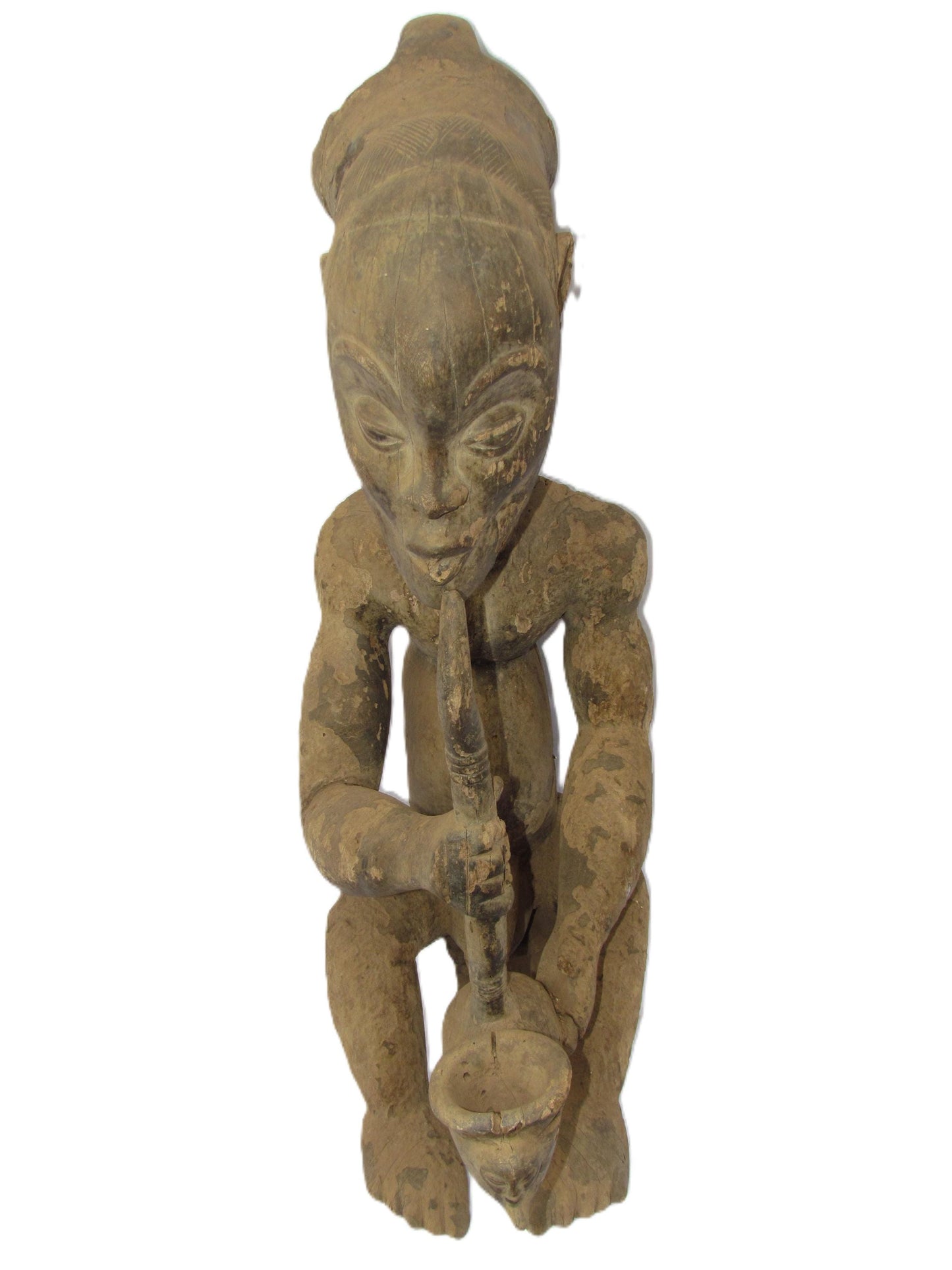 Vintage Luba Smoking Man – 34" Large Hand-Carved Wood Sculpture – Congo Art