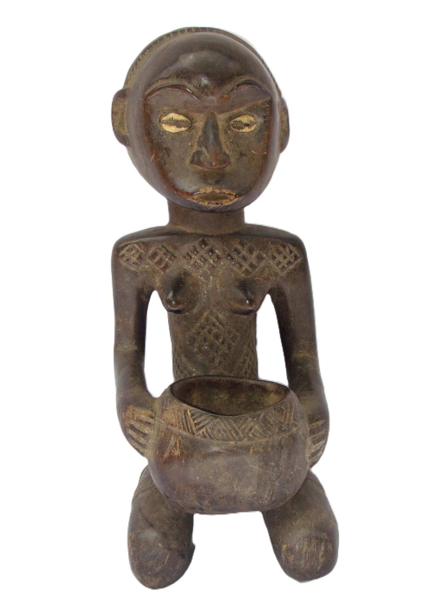 Luba Mboko Bowl Bearer | Hand-Carved Wood Statue | Congo Sacred Royalty Art