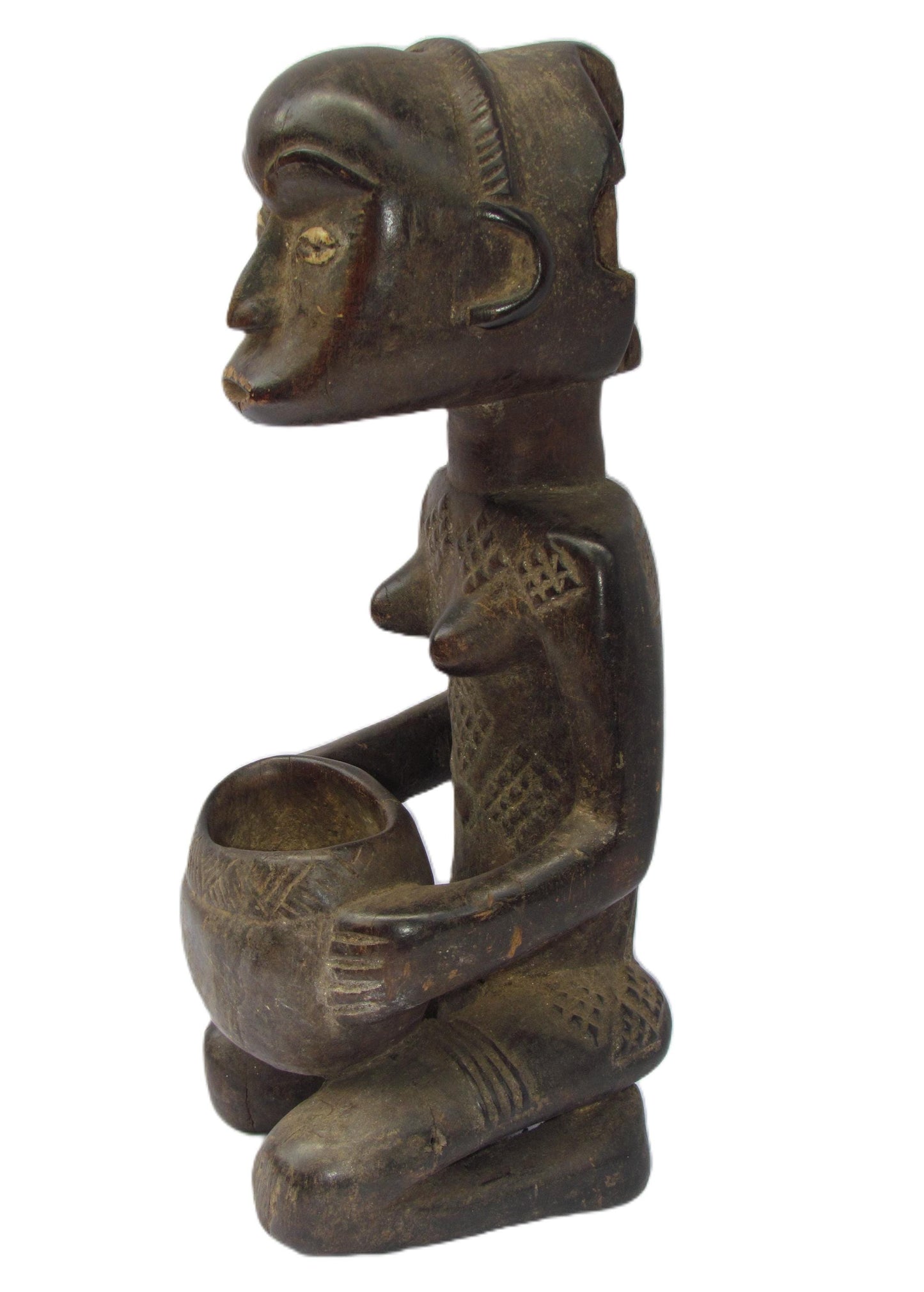 Luba Mboko Bowl Bearer | Hand-Carved Wood Statue | Congo Sacred Royalty Art