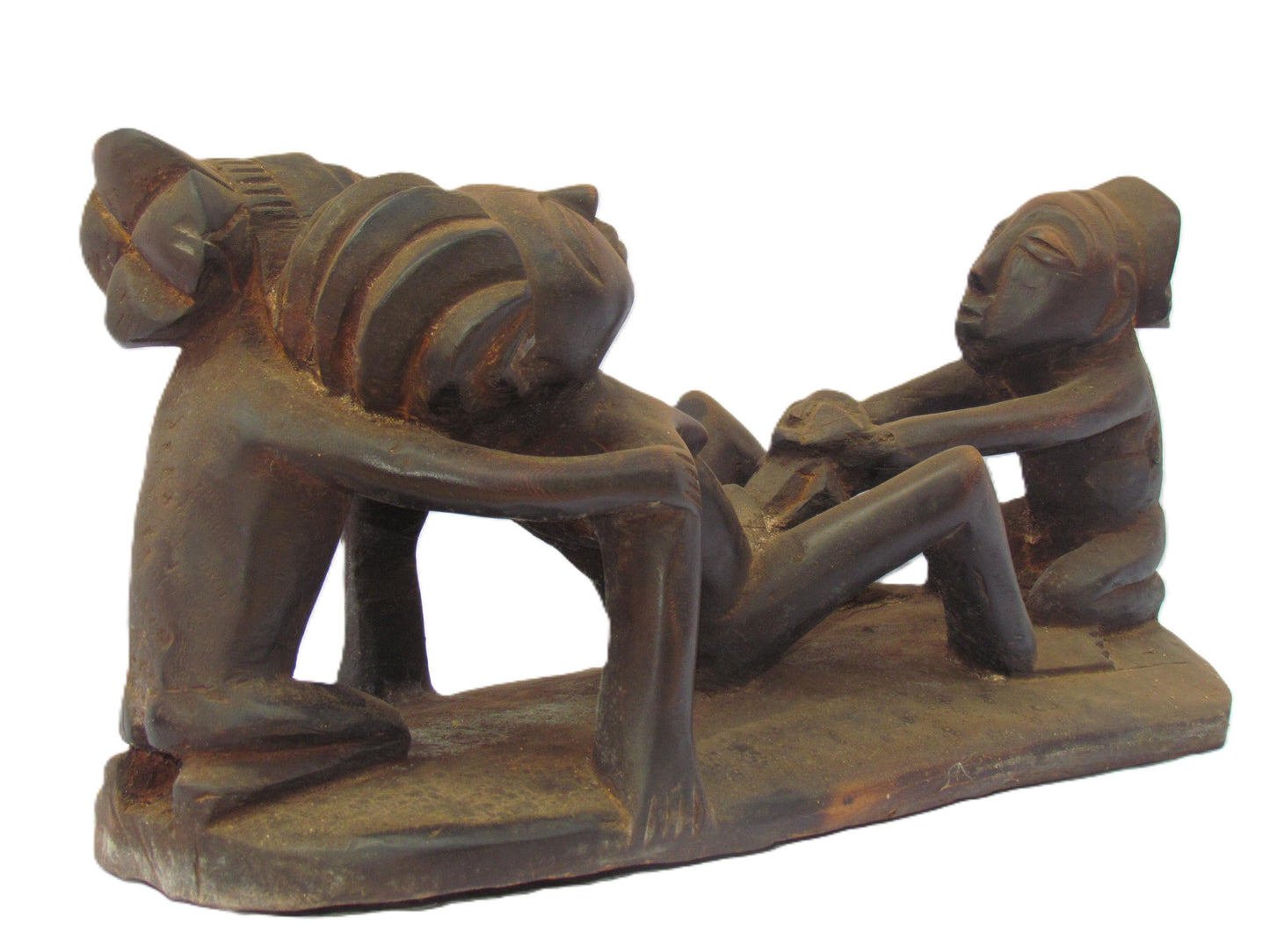 Rare Luba Birth Scene Sculpture – Vintage Congo Maternity Statue – Midwife Art