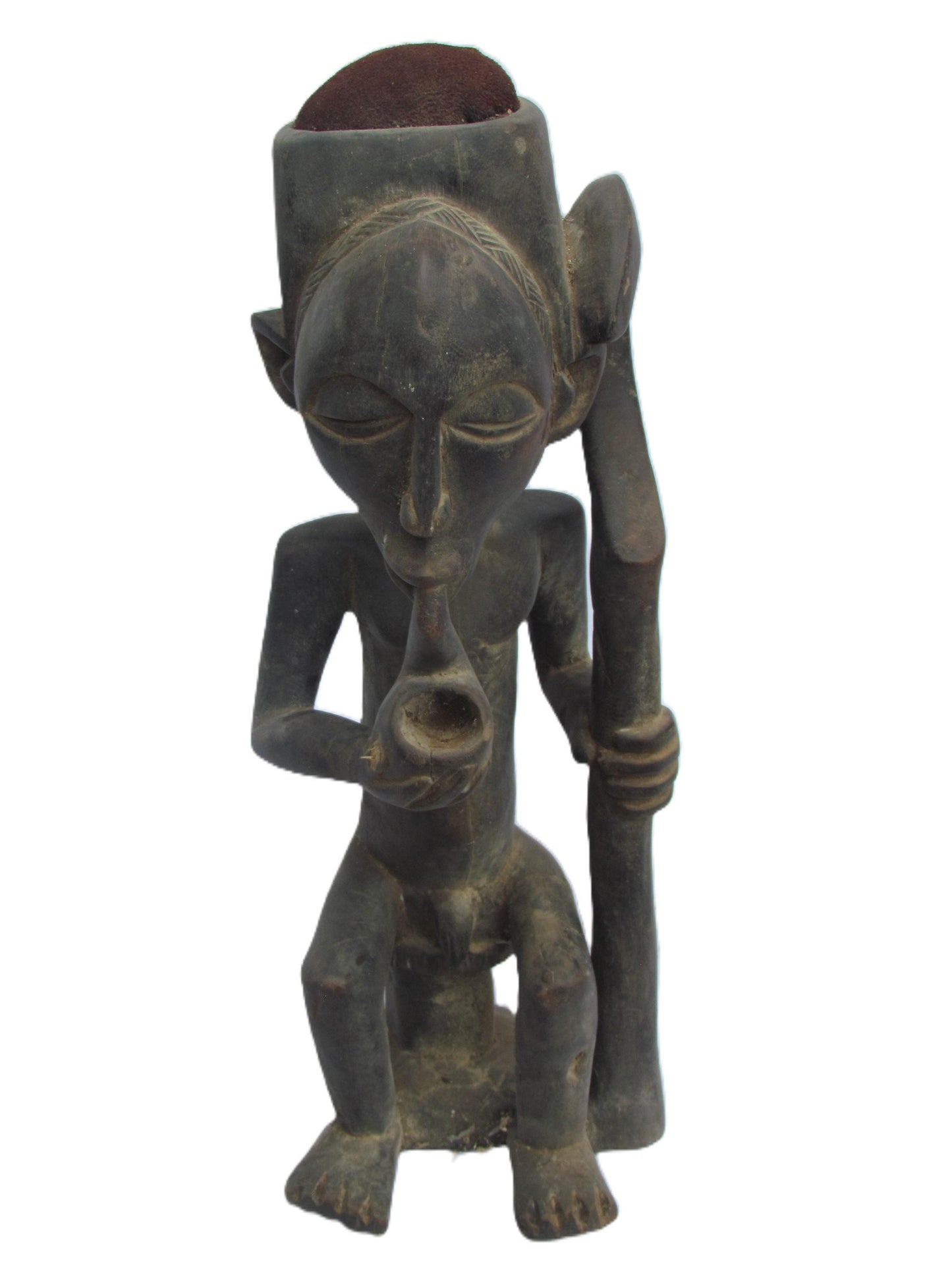 Vintage Lulua "Smoking Man" Mask – 23" Congo Wood Sculpture – African Tribal Art