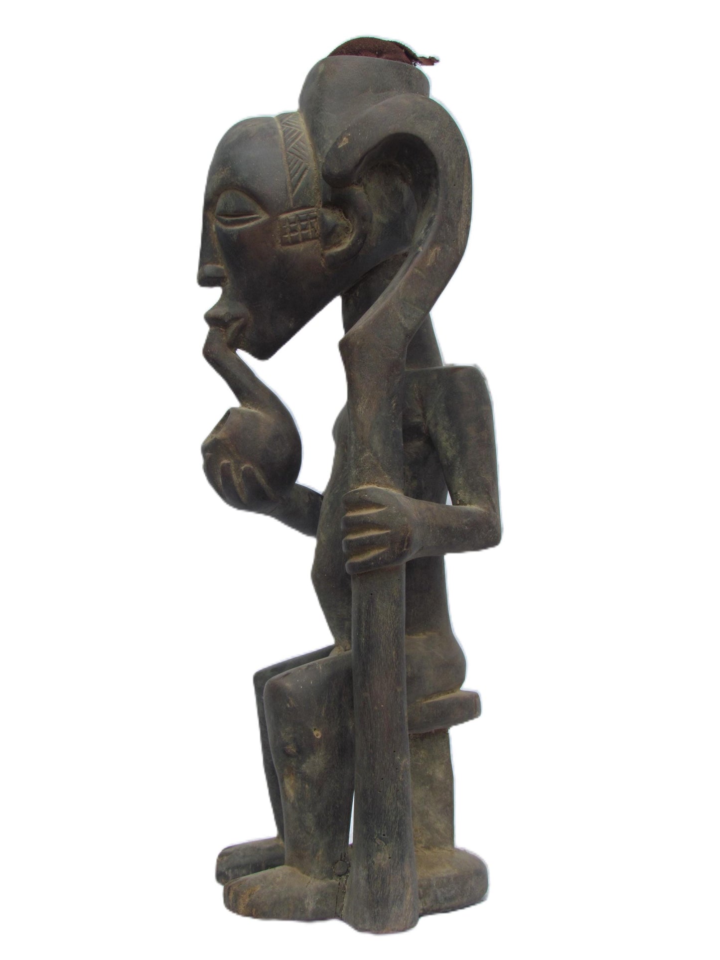 Vintage Lulua "Smoking Man" Mask – 23" Congo Wood Sculpture – African Tribal Art