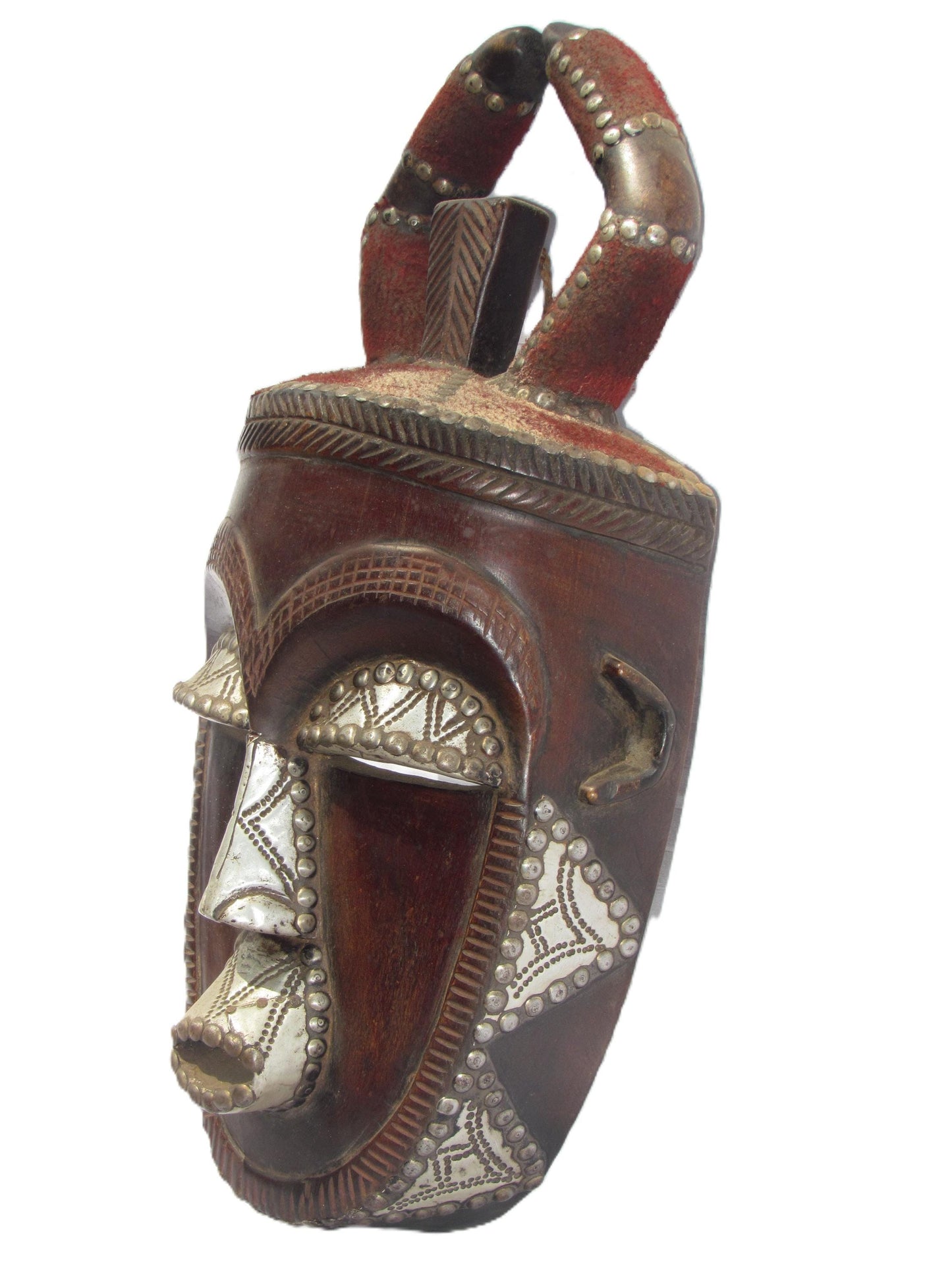 Antique Ngata Tribal Casque Mask – 19" Wood & Metal Helmet – Rare Congolese Art