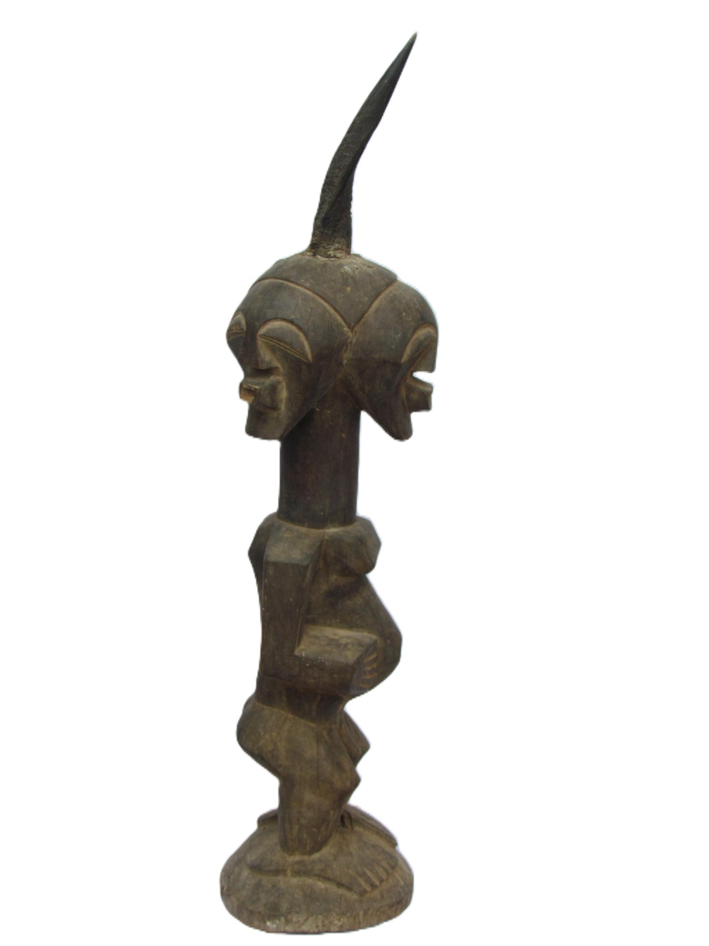 Songye Male Figure | Four Faces Carved Wood Statue | Congo Vigilant Power Art