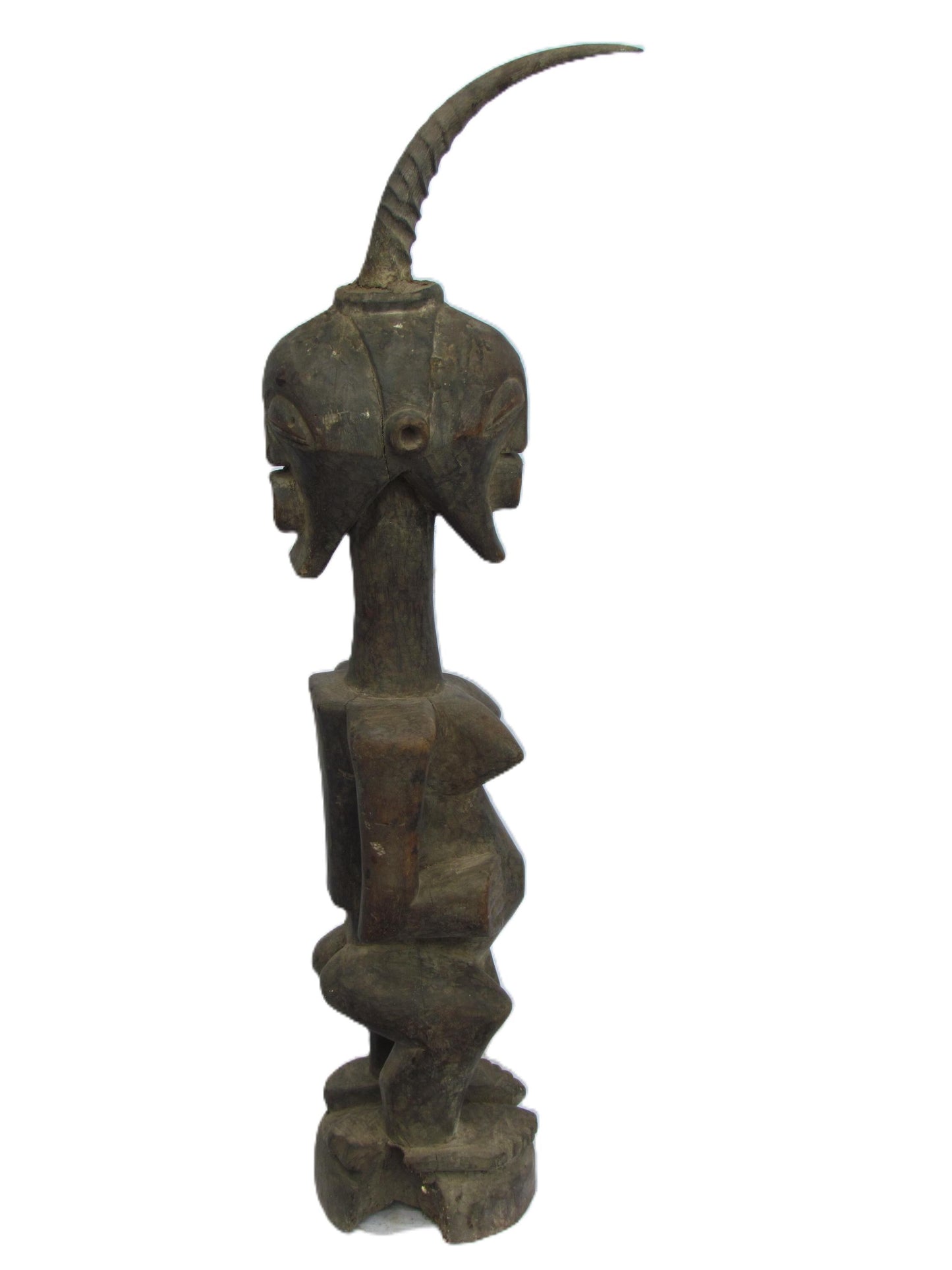 Songye Male Figure | Four Faces Carved Wood Statue | Congo Vigilant Power Art
