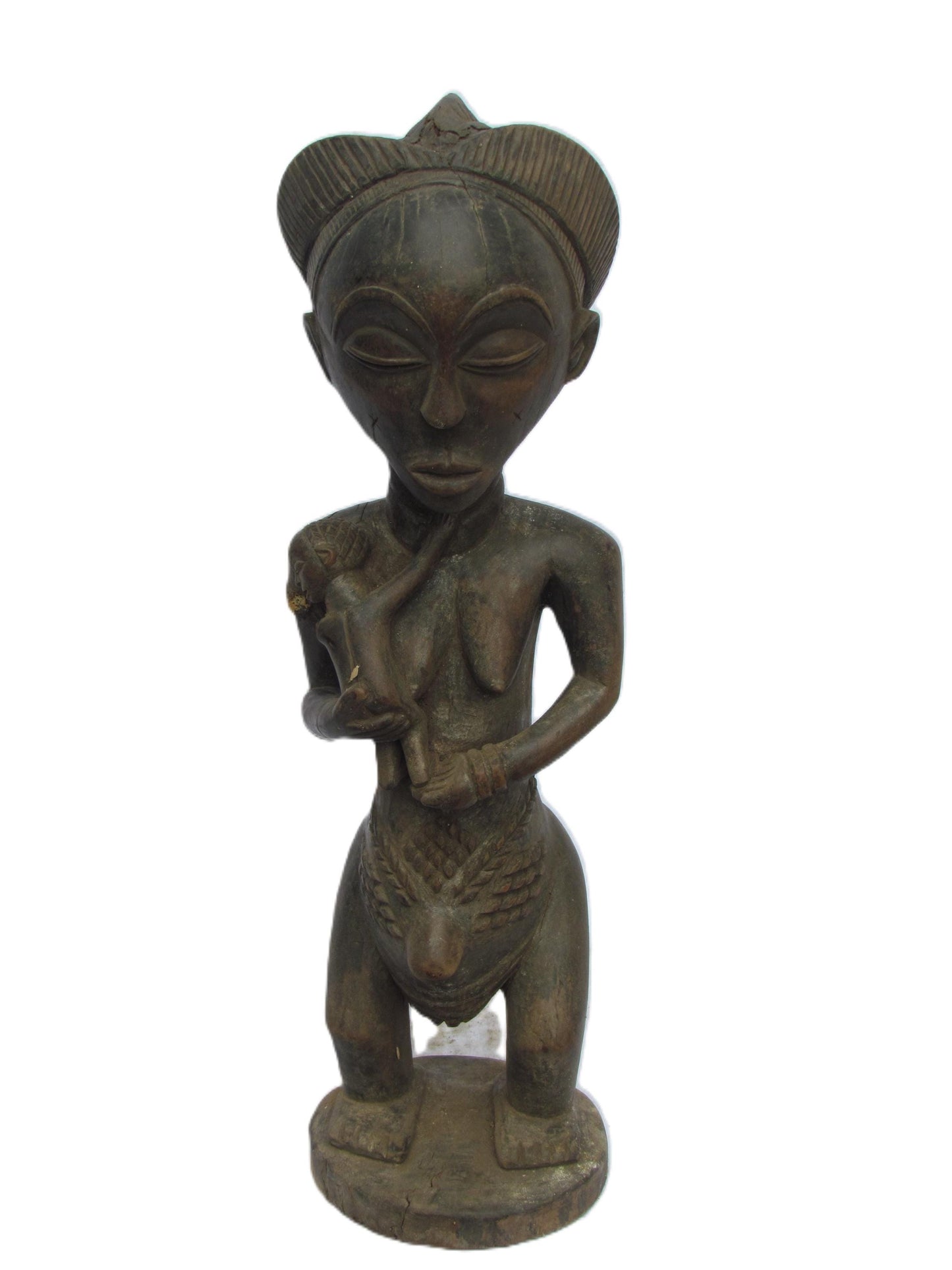 Luba Maternity Statue | Large Standing Wood Figure | Congo Tribal Tall Mother Child Art