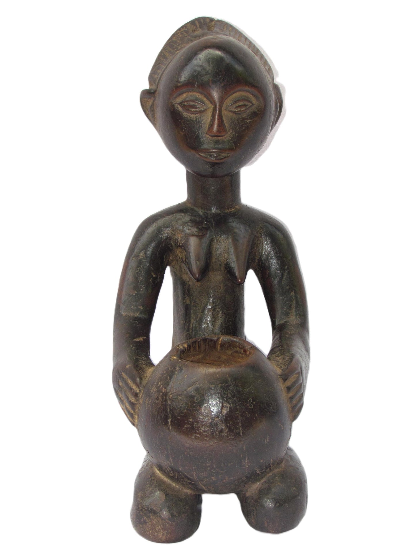 Large Luba Bowl Bearer – 33" Hand-Carved Wood Statue – Congo Ancestor Figure Art