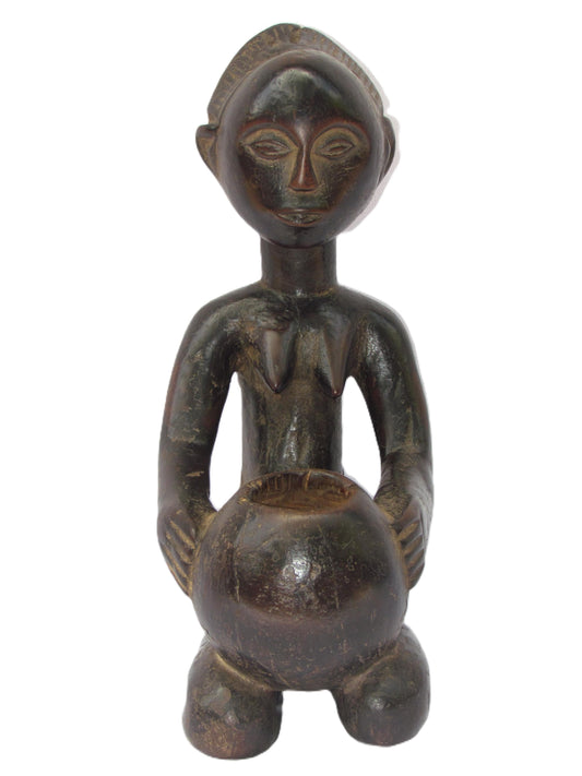 Large Luba Bowl Bearer – 33" Hand-Carved Wood Statue – Congo Ancestor Figure Art