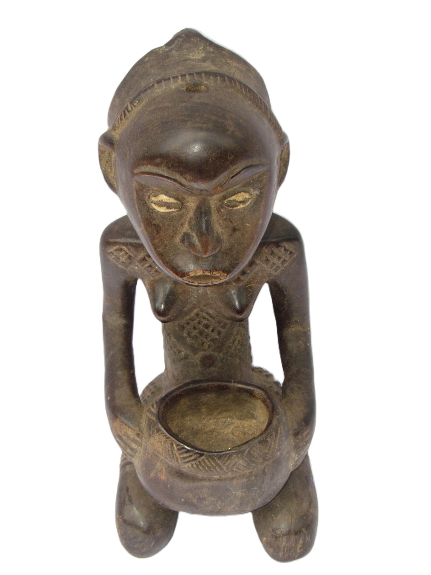Luba Mboko Bowl Bearer | Hand-Carved Wood Statue | Congo Sacred Royalty Art