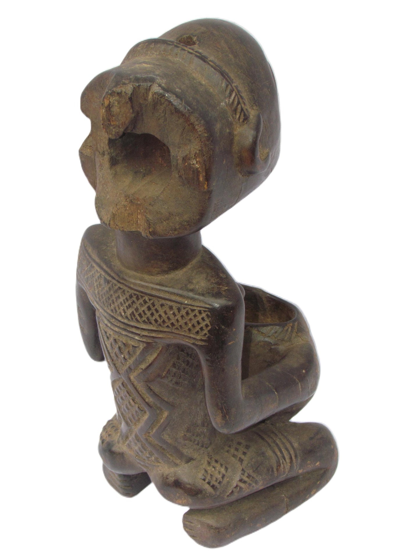 Luba Mboko Bowl Bearer | Hand-Carved Wood Statue | Congo Sacred Royalty Art