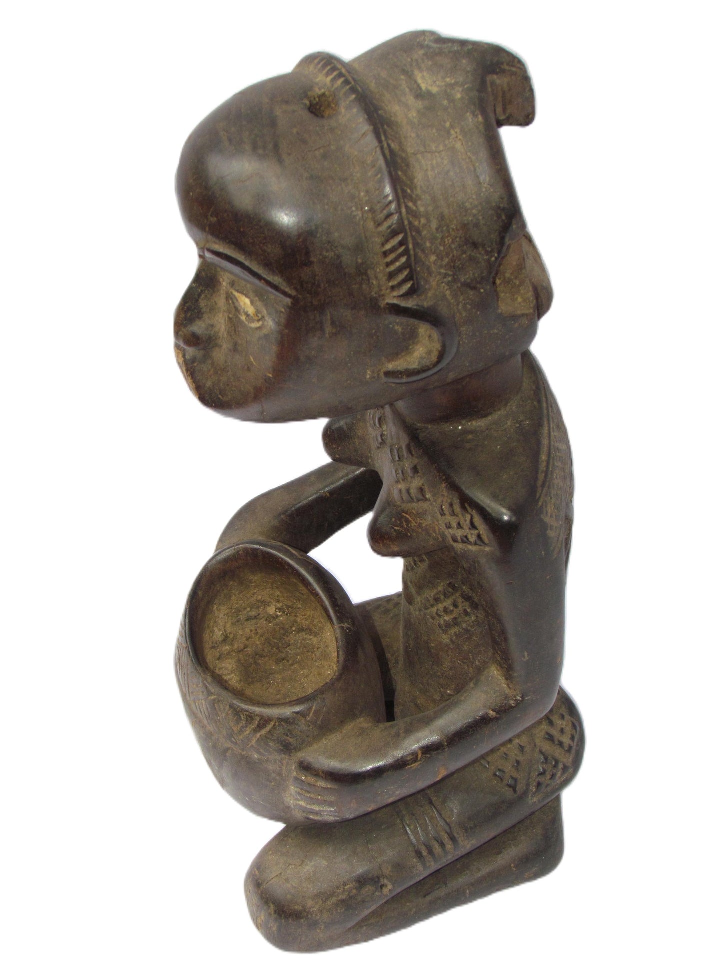 Luba Mboko Bowl Bearer | Hand-Carved Wood Statue | Congo Sacred Royalty Art